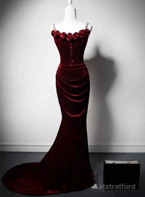 Burgundy Mermaid Velvet Straps Flwoer Prom Dress