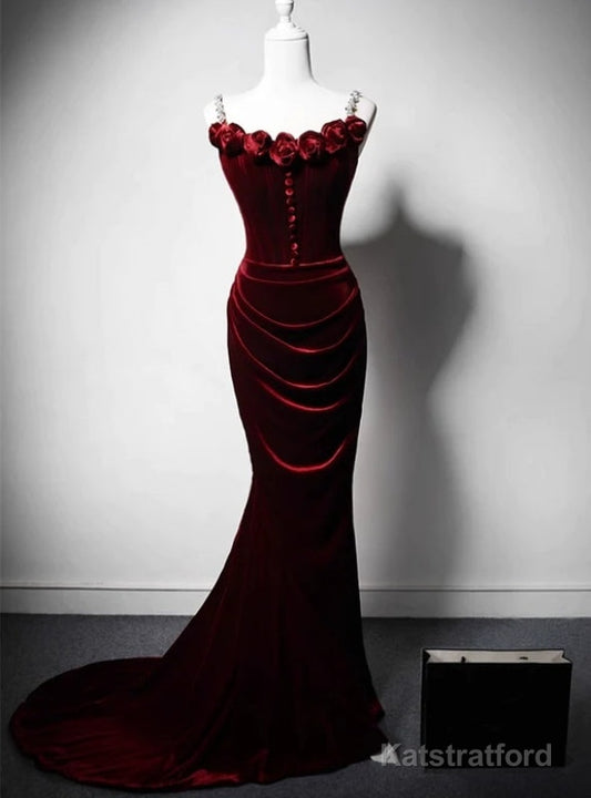 Burgundy Mermaid Velvet Straps Flwoer Prom Dress