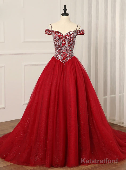 Burgundy Off the Shoulder Tulle Ball Gown Crystal Quinceanera Dress