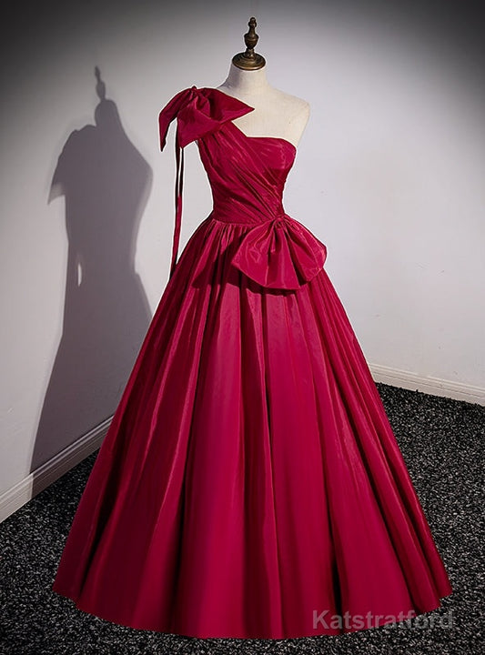 Burgundy One Shoulder Pleats Prom Dress