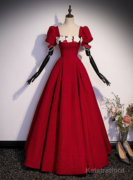 Burgundy Puff Sleeve Flower Prom Dress