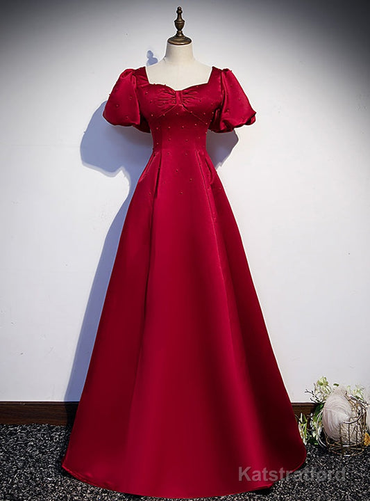 Burgundy Satin Backless Puff Sleeve Beading Prom Dress