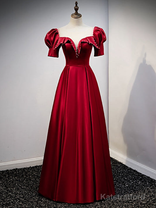 Burgundy Satin Illusion Neck Short Sleeve Prom Dress