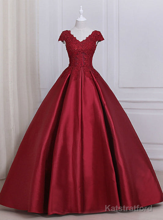 Burgundy Satin Lace Applique Scoop Neckline Long Prom Dress