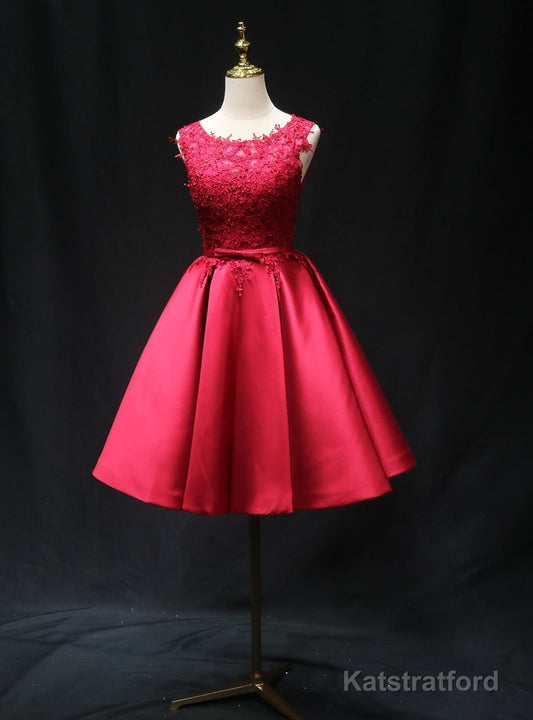 Burgundy Satin Lace Beading Homecoming Dress