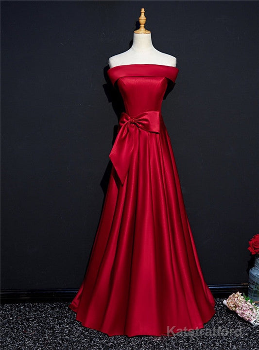 Burgundy Satin Off the Shoulder Bow Prom Dress