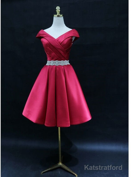 Burgundy Satin Off the Shoulder Pleats Beading Homecoming Dress