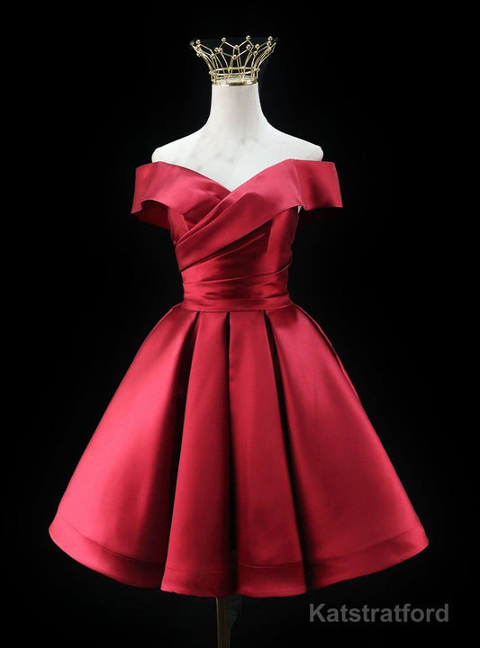 Burgundy Satin Off the Shoulder Pleats Homecoming Dress
