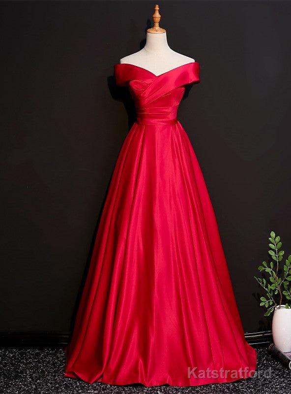 Burgundy Satin Off the Shoulder Pleats Prom Dress