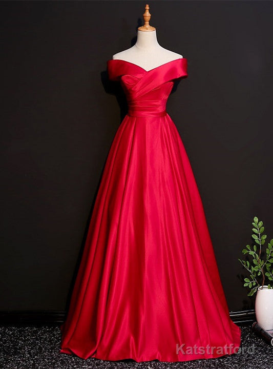 Burgundy Satin Off the Shoulder Pleats Prom Dress