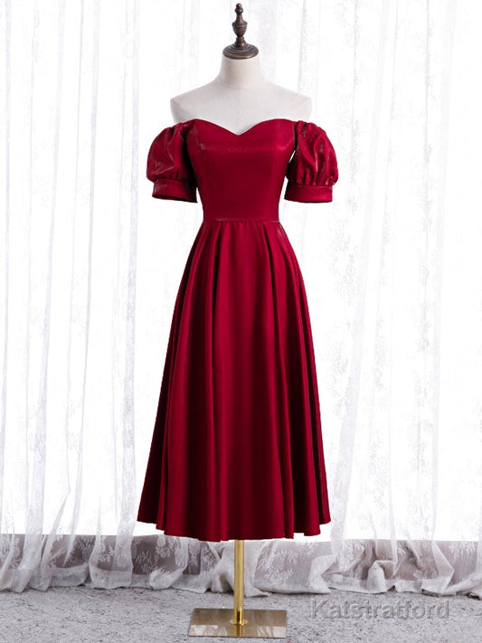 Burgundy Satin Off the Shoulder Puff Sleeve Prom Dress