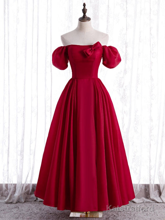Burgundy Satin Puff Sleeve Bow Prom Dress