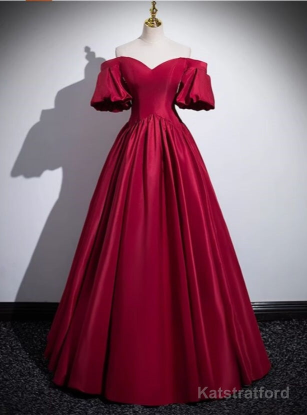 Burgundy Satin Puff Sleeve Prom Dress