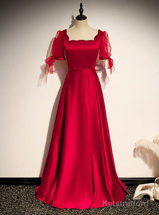 Burgundy Satin Short Sleeve Beading Prom Dress