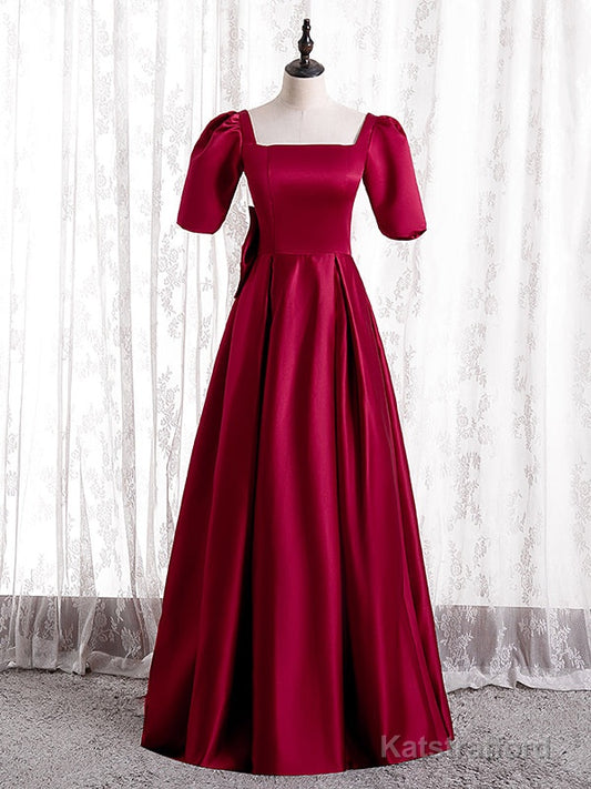 Burgundy Satin Short Sleeve Bow Prom Dress