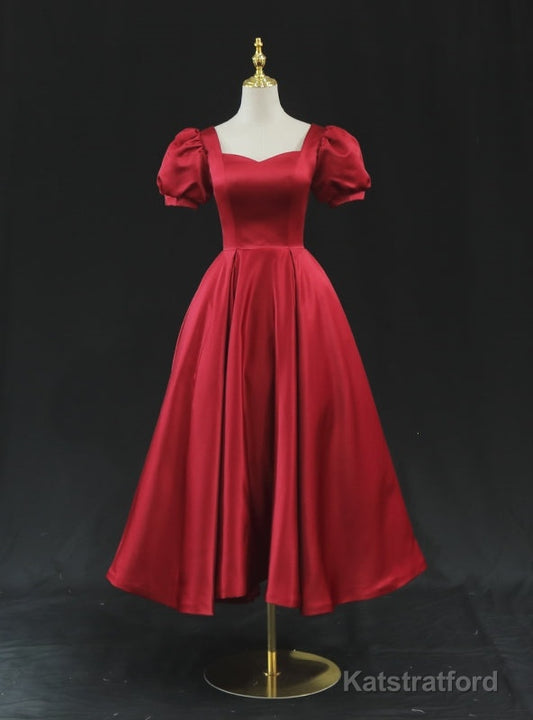 Burgundy Satin Short Sleeve Prom Dress