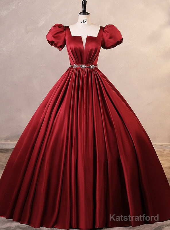 Burgundy Satin Short Sleeve Puff Sleeve Quinceanera Dress