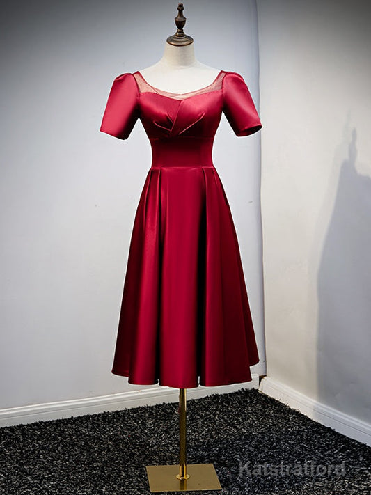 Burgundy Satin Short Sleeve Tea Length Prom Dress
