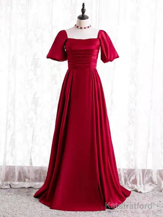 Burgundy Satin Square Short Sleeve Prom Dress