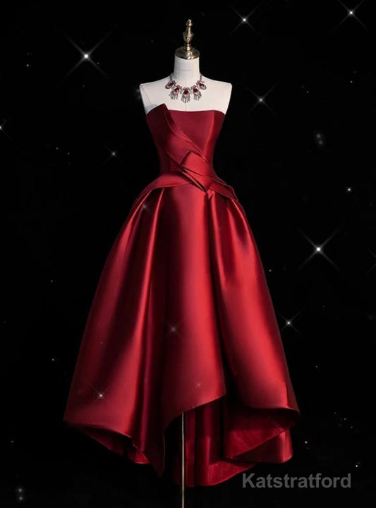 Burgundy Satin Strapless  Prom Dress
