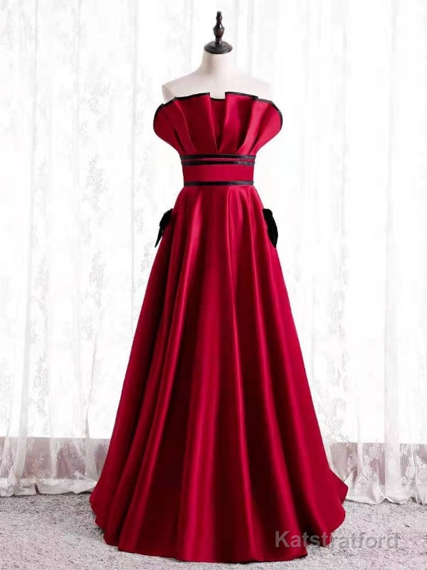 Burgundy Satin Strapless Pleats Prom Dress