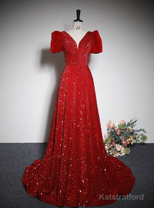 Burgundy Sequins Puff Sleeve Prom Dress With Bow