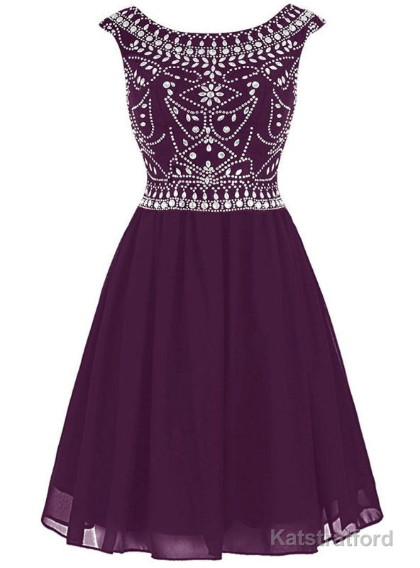 Burgundy Short Mini Chiffon Scoop Cap Sleeve Homecoming Dress
