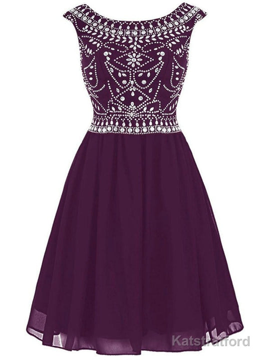 Burgundy Short Mini Chiffon Scoop Cap Sleeve Homecoming Dress