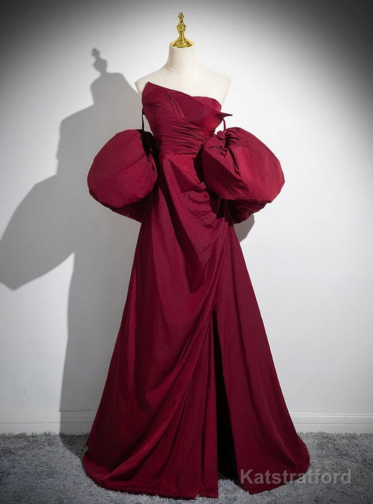 Burgundy Strapless Pleats Puff Sleeve Prom Dress