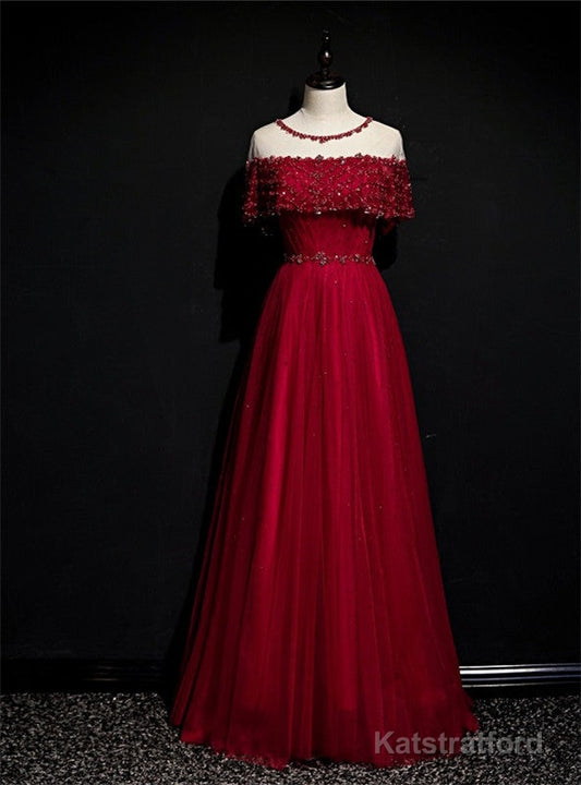 Burgundy Tulle Beading Sequins Lotus Leaf Sleeve Prom Dress