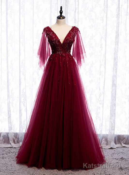 Burgundy Tulle Deep V-neck Beading Prom Dress