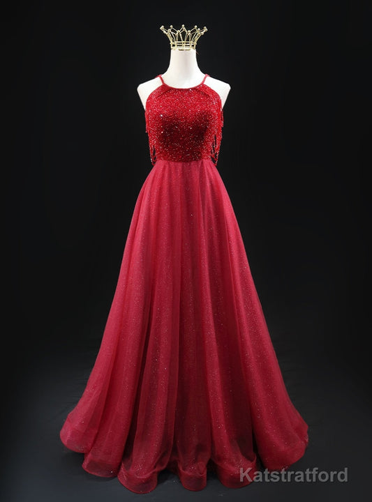 Burgundy Tulle Halter Beading Prom Dress