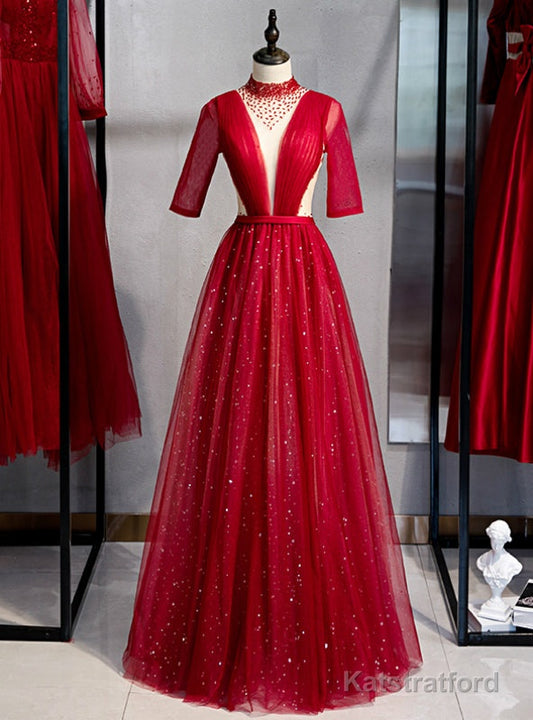 Burgundy Tulle High Neck Short Sleeve Pleats Beading Prom Dress