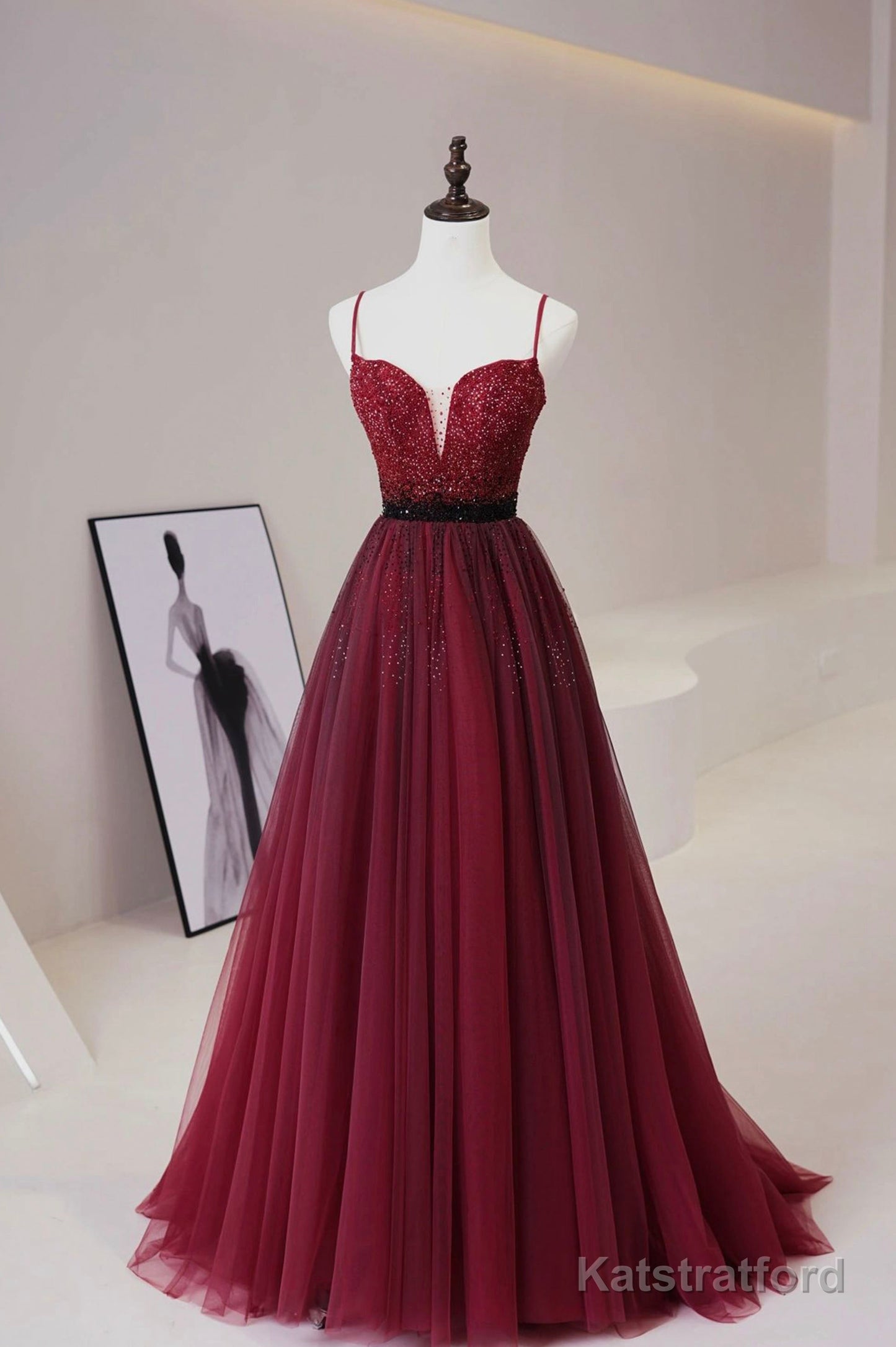 Burgundy Tulle Long Prom Dress with Beaded, Spaghetti Straps Evening Dress