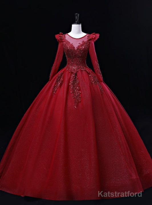 Burgundy Tulle Long Sleeve Beading Quinceanera Dress