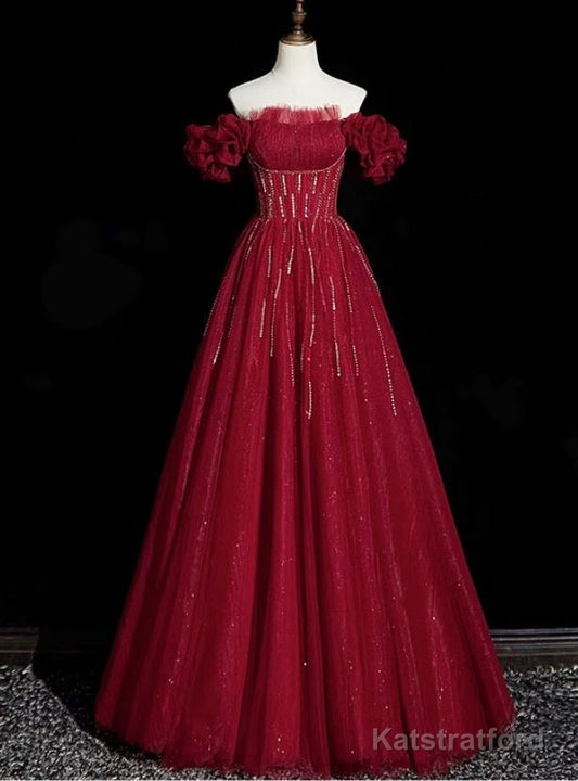 Burgundy Tulle Off the Shoulder Beading Pleats Prom Dress