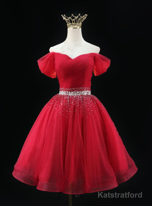 Burgundy Tulle Off the Shoulder Pleats Beading Homecoming Dress