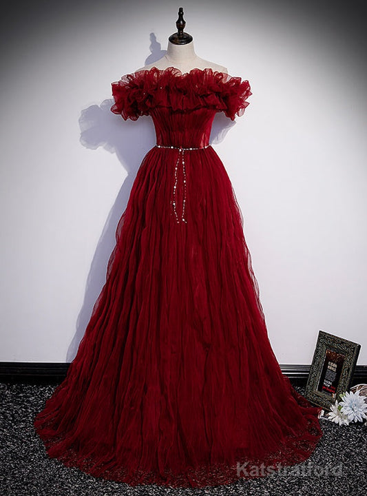 Burgundy Tulle Pleats Off the Shoulder prom Dresses