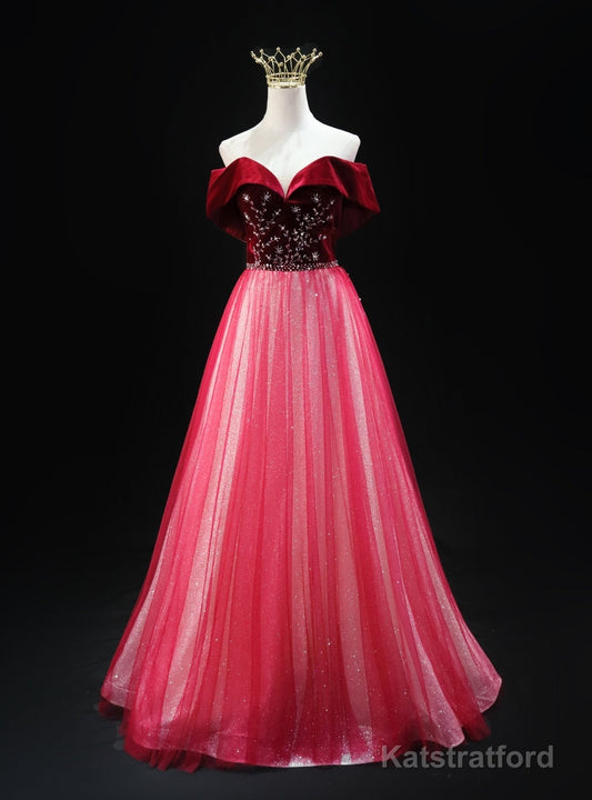 Burgundy Tulle Sequins Bead Off the Shoulder Prom Dress