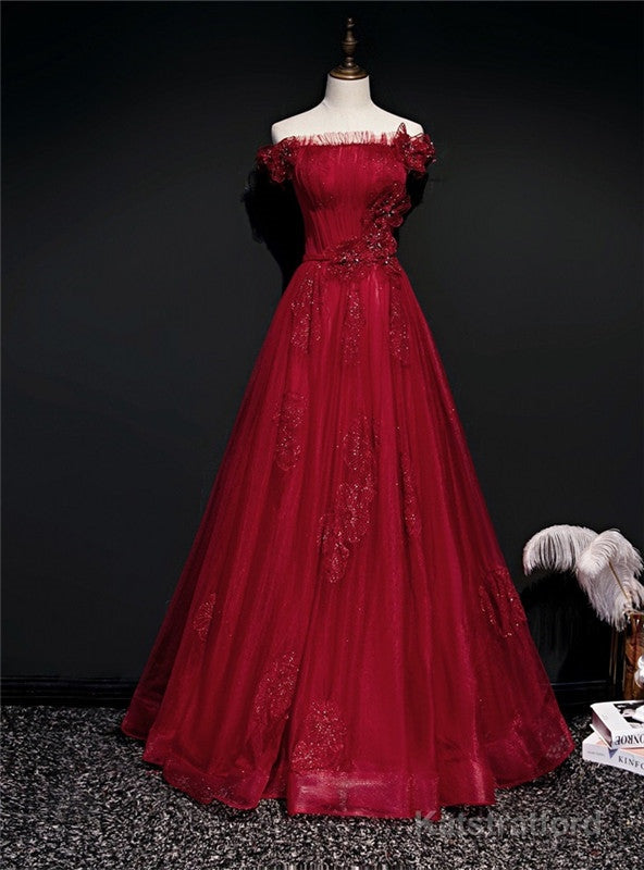 Burgundy Tulle Sequins Off the Shoulder Pleats Prom Dress