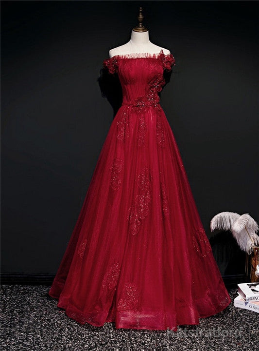 Burgundy Tulle Sequins Off the Shoulder Pleats Prom Dress