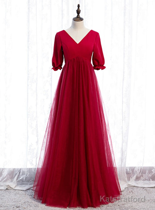 Burgundy Tulle V-neck Short Sleeve High Waist Prom Dress