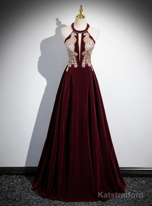 Burgundy Velvet Halter Beading Sequins Prom Dress