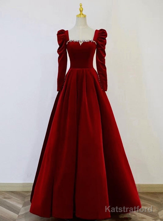 Burgundy Velvet Long Sleeve Crystal Prom Dress