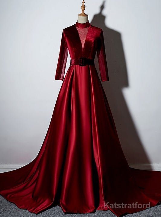 Burgundy Velvet Long Sleeve High Neck See Through Back Prom Dress