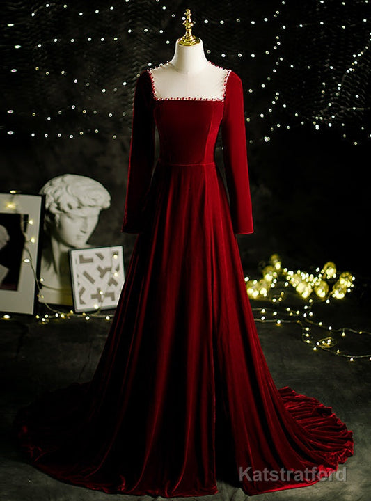 Burgundy Velvet Long Sleeve Pearls Prom Dress