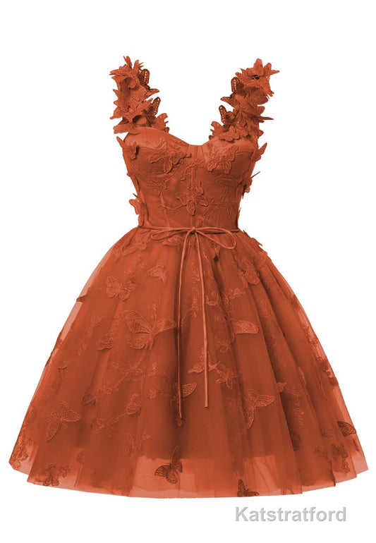 Burnt Orange 3D Butterfly Lace Applique Tulle Homecoming Dress for Teens Sweetheart Mini Short Prom Dresses