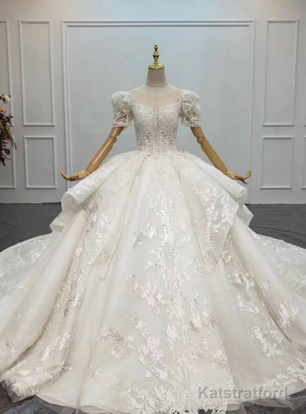Buy More, Save More Ivory White Ball Gown Tulle Lace Short Sleeve Appliques Beading Wedding Dress