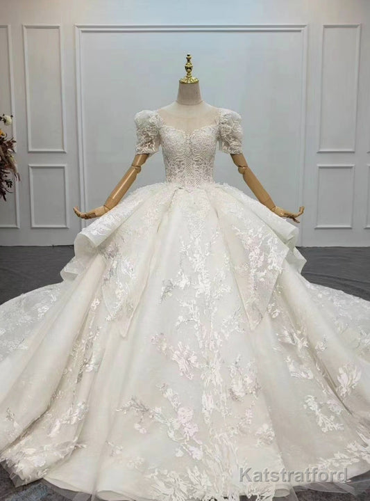 Buy More, Save More Ivory White Ball Gown Tulle Lace Short Sleeve Appliques Beading Wedding Dress