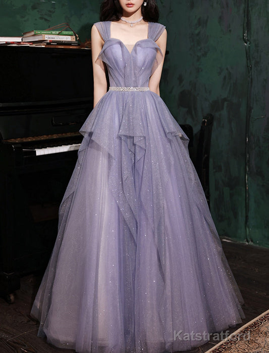 A-Line Prom Dresses Sparkle & Shine Dresses Wedding Guest Birthday Floor Length Sleeveless Off Shoulder Tulle with Sequin Dresses